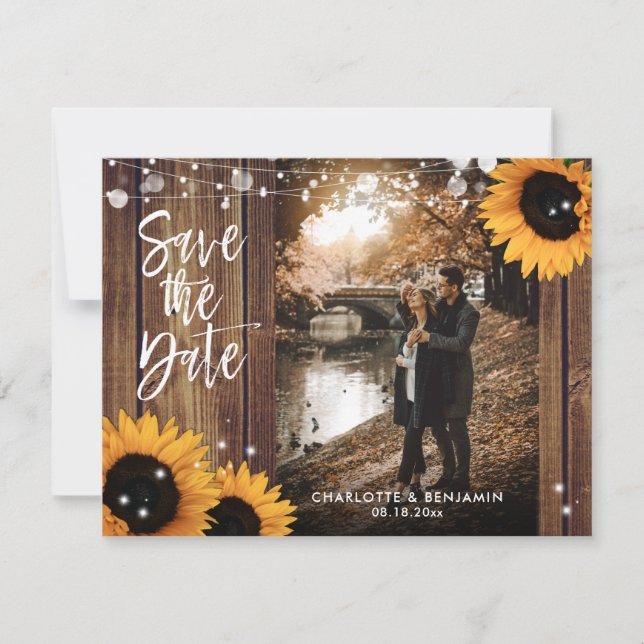 Rustikales Country Wood Sunflower Wedding Foto Save The Date (Vorderseite)