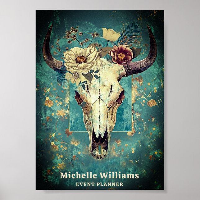 Rustikales Cow Skull Floral Boho Western Business  Poster (Vorne)