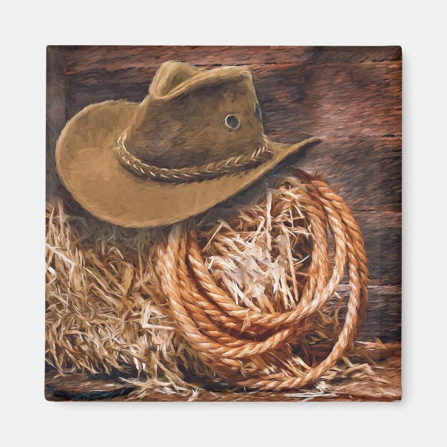 Rustikales Cowboy Hat Rope Hay Foto Magnet (Vorne)
