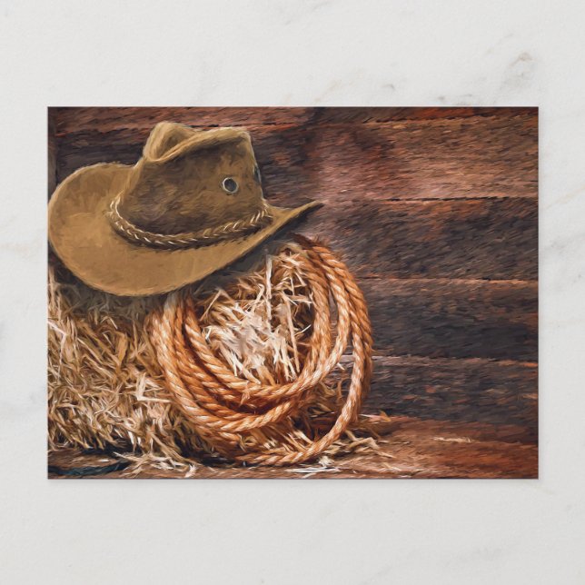 Rustikales Cowboy Hat Rope Hay Foto Postkarte (Vorderseite)