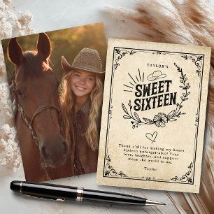 Rustikales Cowgirl 16 . Geburtstag Foto Dankeskarte