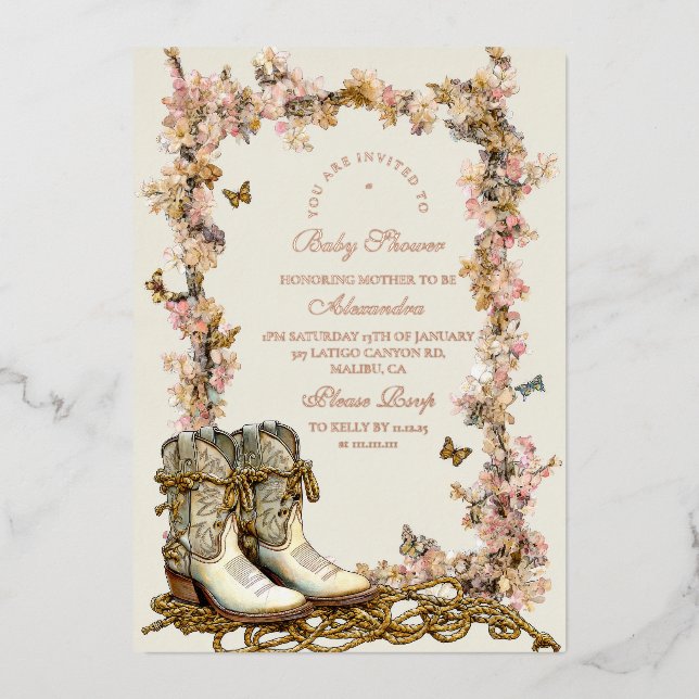 Rustikales Cowgirl Boots Baby Dusche Folieneinladung (Vorderseite)