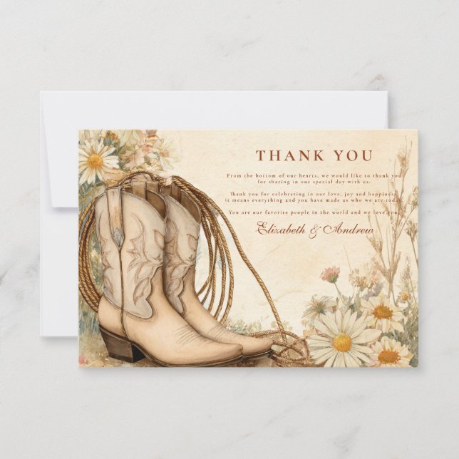 Rustikales Cowgirl Boots Wildblume Wedding Dankeskarte (Vorderseite)