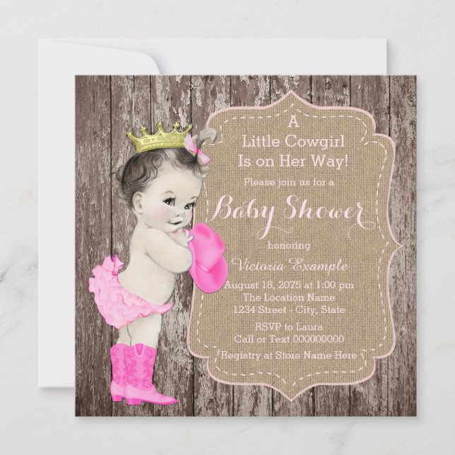 Rustikales Cowgirl Princess Baby Dusche Einladung (Vorderseite)