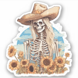 Rustikales Cowgirl-Skelett mit Sonnenblumen Aufkleber