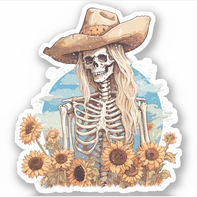 Rustikales Cowgirl-Skelett mit Sonnenblumen Aufkleber (Vorderseite)