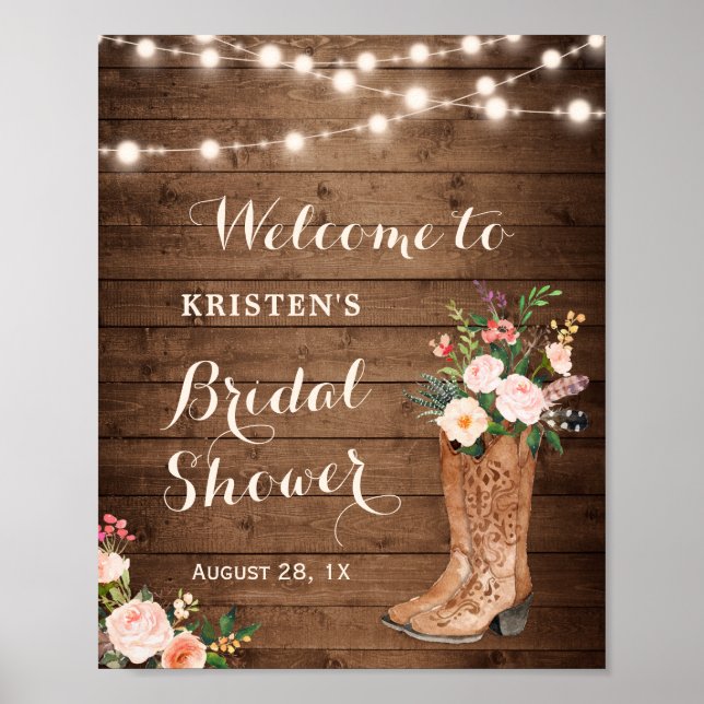 Rustikales Cowgirl Stiefel Blumenleuchten Brautpar Poster (Vorne)