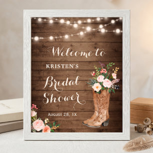 Rustikales Cowgirl Stiefel Blumenleuchten Brautpar Poster