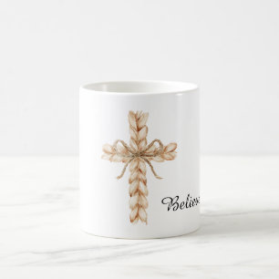 Rustikales Creme-Kreuz mit Schleife Glauben Kaffeetasse