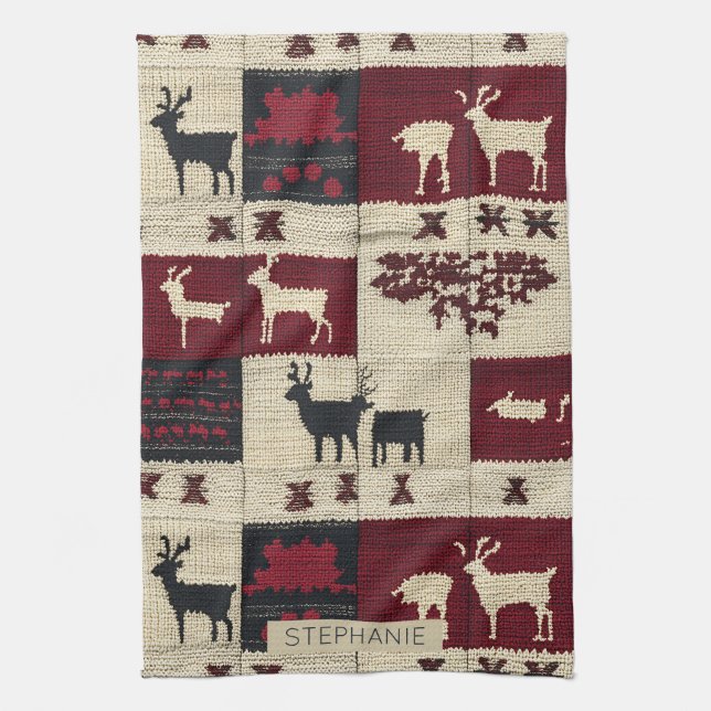Rustikales Cross-Stitch Patchwork | Folk Holiday M Geschirrtuch (Vertikal)