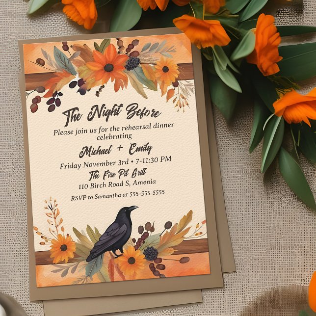 Rustikales Crow Fall Boho Probe Abendessen Einladung (Rustic Fall boho wedding rehearsal dinner invitation: Orange watercolor floral with country crow)