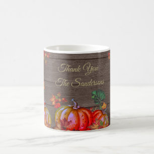 Rustikales Danke Orange Kürbis Herbstlaub Holz Kaffeetasse
