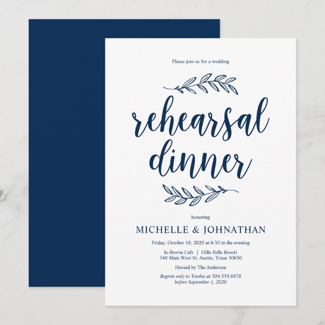 Rustikales Drehbuch, Navy Blue, Hochzeitsessen Pro Einladung (Vorne/Hinten)