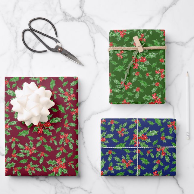Rustikales dunkelblaues grünes Weihnachtsmuster Geschenkpapier Set (Vorderseite)