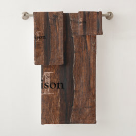 Rustikales dunkelbraunes Holz Monogram Badhandtuch Set