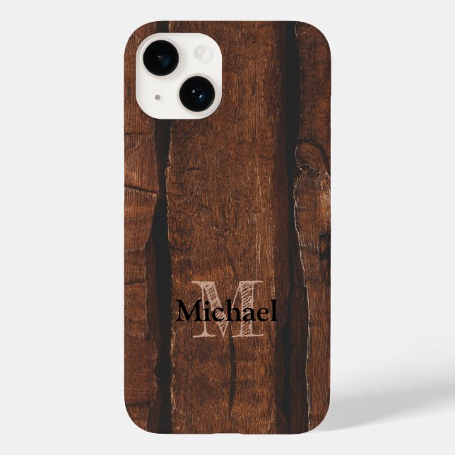 Rustikales dunkelbraunes Holz Monogram Case-Mate iPhone 14 Hülle (Rückseite)