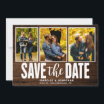 Rustikales dunkles Holz 3 FotoCollage Save The Date<br><div class="desc">Verkünden Sie Ihren Hochzeitstag mit diesem rustikalen Land drei Foto Collage Save the Date.</div>