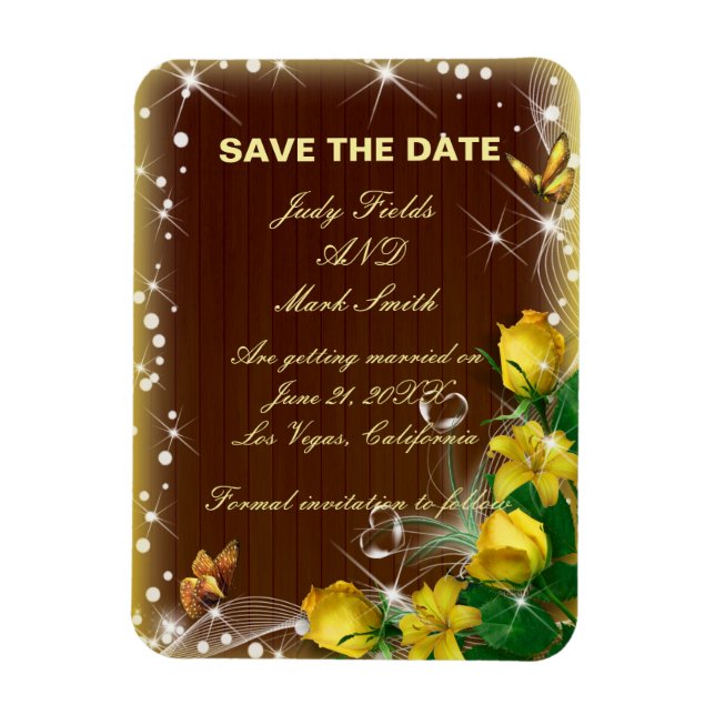 Rustikales dunkles Holz Gelbe Blüte Save the Date Magnet (Vertikal)