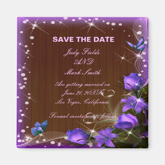 Rustikales dunkles Holz Lila Blüte Save the Date Magnet (Vorne)