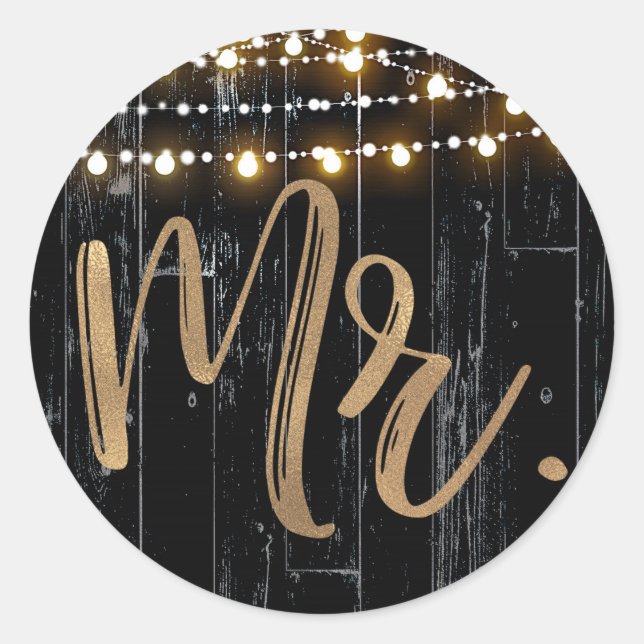 Rustikales dunkles Holz & String Lights Gold Bride Runder Aufkleber (Vorderseite)