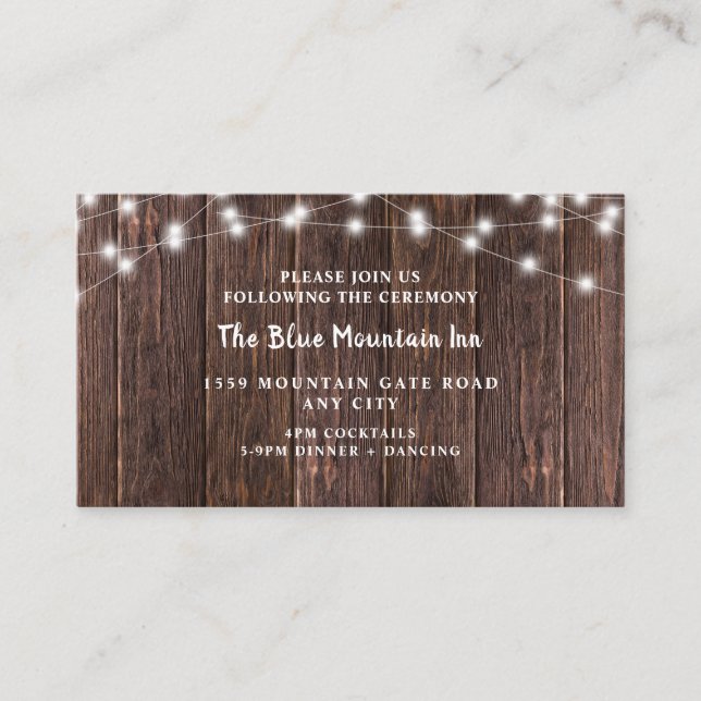 Rustikales dunkles Holz und Licht Hochzeitsempfang Begleitkarte (Vorderseite)