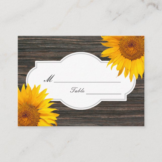 Rustikales dunkles Holz und Sonnenblumen, Hochzeit Platzkarte (Vorderseite)