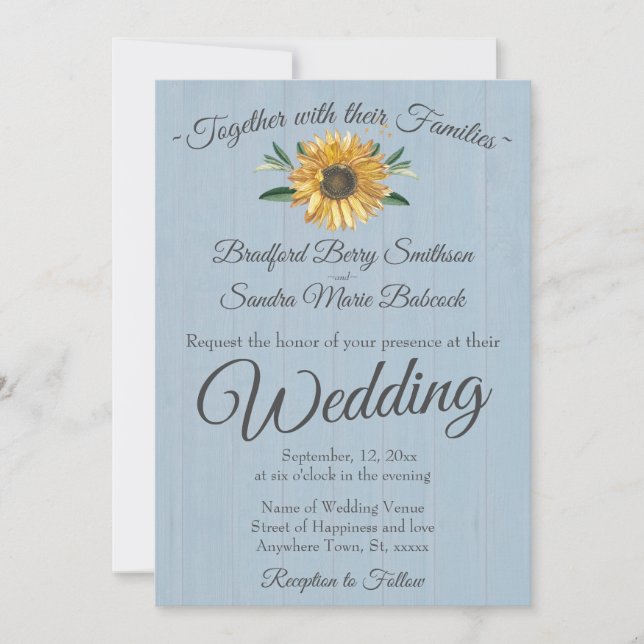 Rustikales Dusty Blue Barn Wood, Sonnenblume Weddi Einladung (Vorderseite)