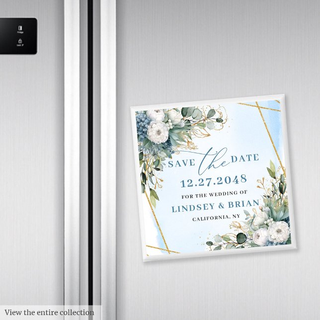 Rustikales Dusty Blue Floral Gold spart das Date M Magnet (Rustic Dusty Blue Floral Gold Save The Date Magnet

)