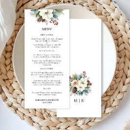 Rustikales Dusty Blue Floral Winter Wedding Menu Menükarte