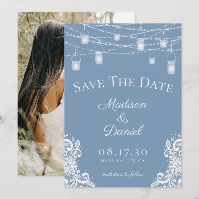 Rustikales Dusty Blue Lights Foto Wedding Save The Date (Vorne/Hinten)