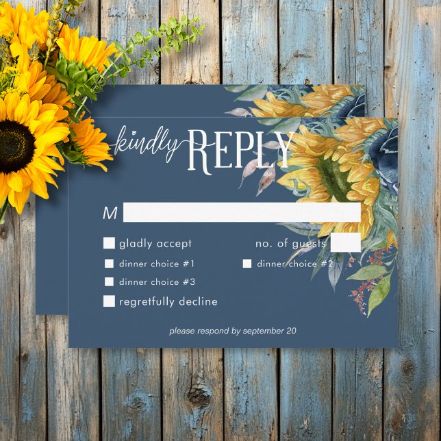 Rustikales Dusty Blue Sunflowers Hochzeitsessen RSVP Karte (Rustic Dusty Blue Sunflowers Wedding Dinner RSVP Card)