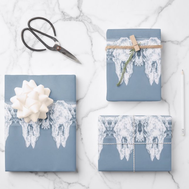 Rustikales Dusty Blue White Western Bull Skull Pat Geschenkpapier Set (Vorderseite)