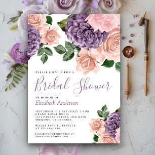 Rustikales Dusty Peach Lila Floral Brautparty Einladung