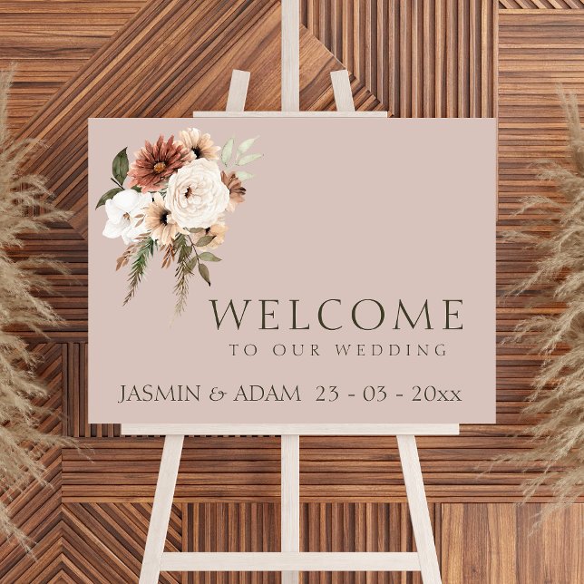 Rustikales Dusty Pink und Grünes Blumenzeichen Poster (Rustic Dusty Pink and Green Floral Wedding Welcome Sign)