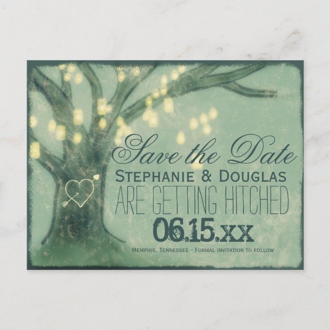Rustikales Eichenbaum Mason Jars Save the Date Pos Ankündigungspostkarte (Vorderseite)