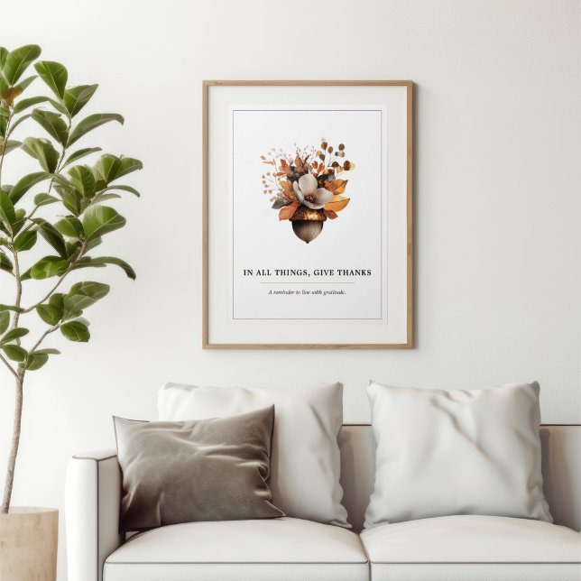 Rustikales Eichenblüten-Weißer Herbstposter Poster (Rustic Acorn Floral wall art — a timeless reminder to live with gratitude every day.)