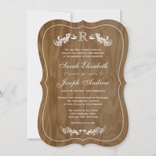 Rustikales Eichenholz formales Monogramm Einladung (Vorderseite)