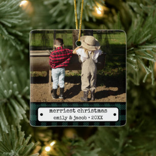 Rustikales Ein-Foto Vintages Kariertes Weihnachtsf Keramikornament