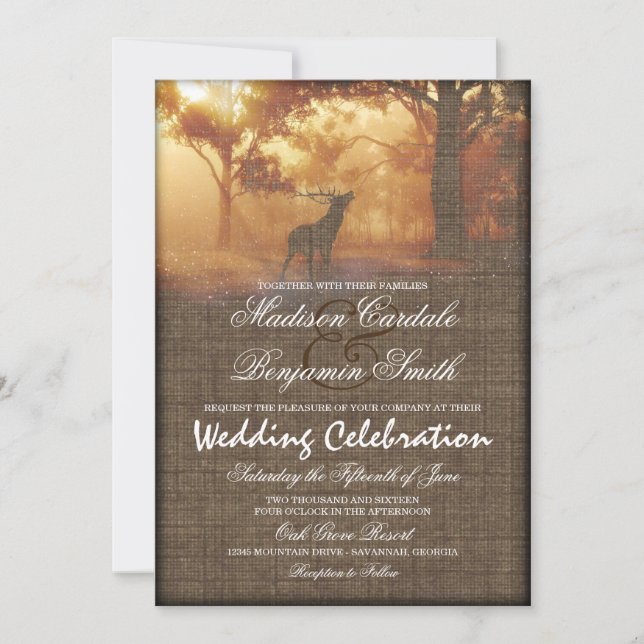 Rustikales Elch Woodland Burlap Print Wedites Einladung (Vorderseite)