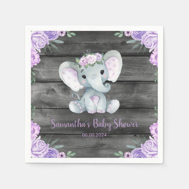 Rustikales Elefant Girl Lila Blumenpapier Napkin Serviette (Vorderseite)