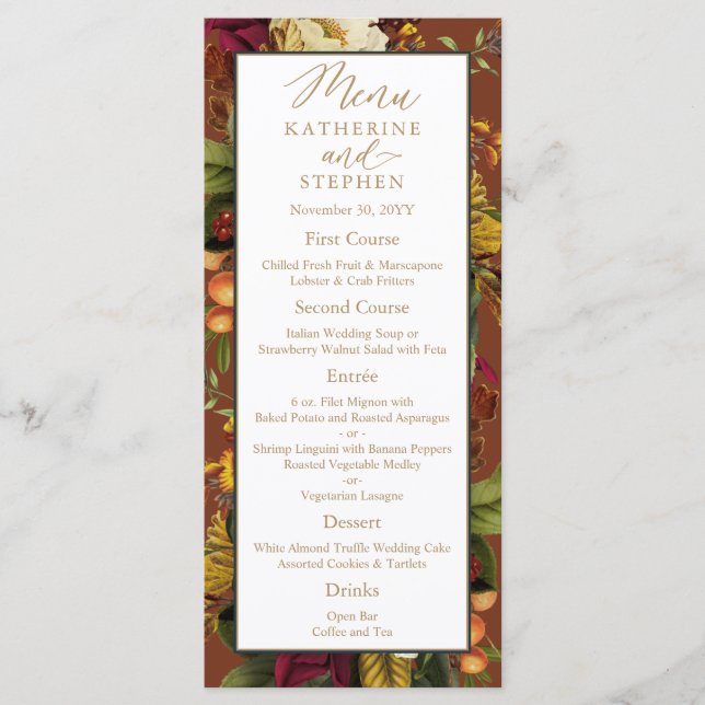 Rustikales Elegance Blumenstrauß Hochzeitsempfang Menükarte (Vorderseite)