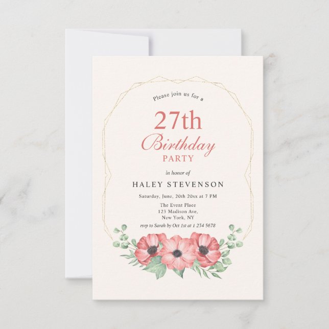 Rustikales Elegant Blush Pink Floral 27. Geburtsta Einladung (Vorderseite)
