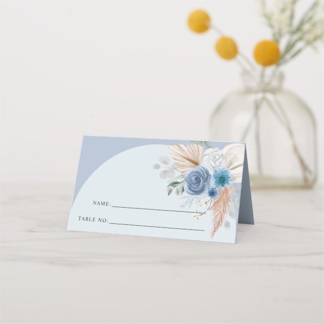 Rustikales Elegant Boho Dusty Blue Pampas Wedding Platzkarte (Vorderseite)