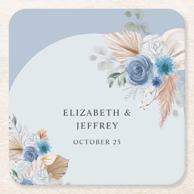 Rustikales Elegant Boho Dusty Blue Pampas Wedding Rechteckiger Pappuntersetzer (Vorderseite)