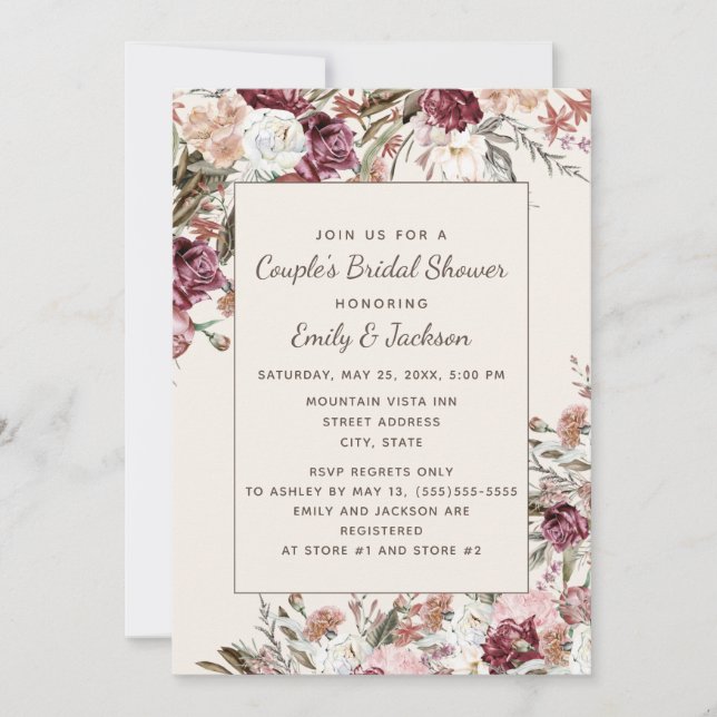 Rustikales Elegant Burgundy Blush Pink Floral Brid Einladung (Vorderseite)