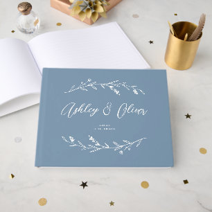 Rustikales Elegant Dusty Blue Wildblumen Hochzeit Gästebuch