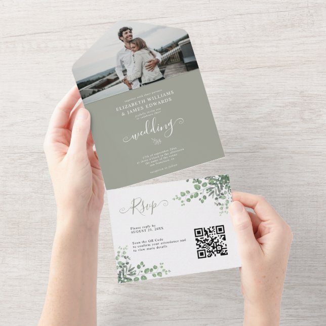 Rustikales Elegant Eucalyptus Foto QR Code Wedding All In One Einladung (Abreißen)