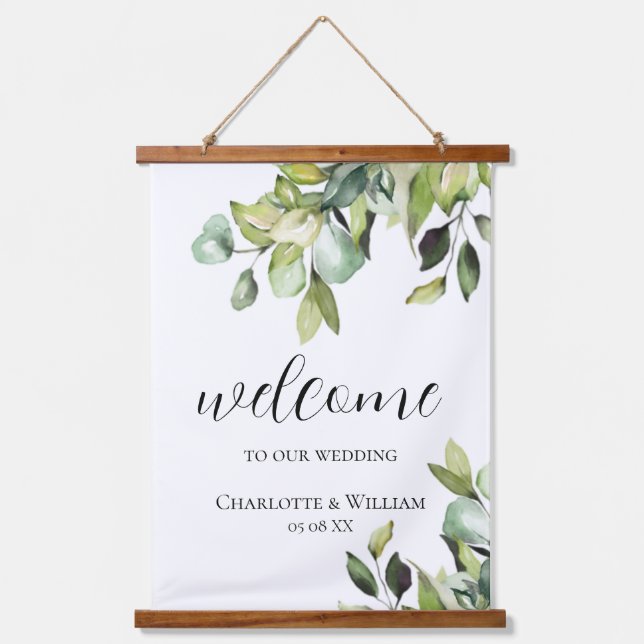 Rustikales Elegant Eukalyptus Wedding Willkommen Wandteppich Mit Holzrahmen (Vorderseite)