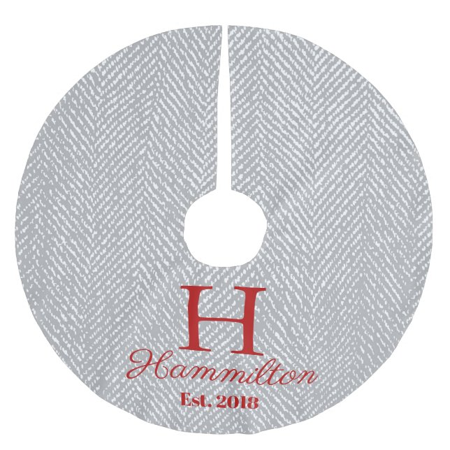 Rustikales Elegant Gray Herringbone Personalisiert Polyester Weihnachtsbaumdecke (Vorderseite)