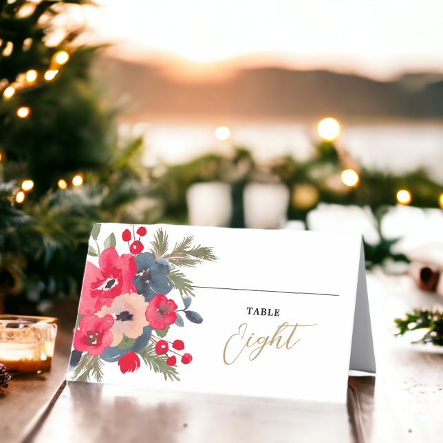 Rustikales Elegant Winter Rot grün Platzkarte (Rustic Elegant Winter Floral red green Place Card)